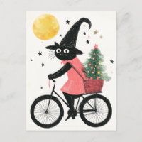 Witch Cat Cycling with Xmas Tree Quirky Christmas