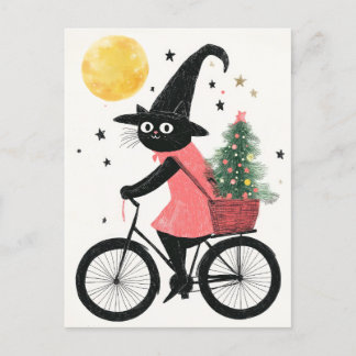 Witch Cat Cycling with Xmas Tree Quirky Christmas Postcard