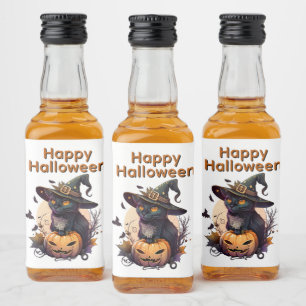 Witch Cat for Happy Halloween  Liquor Bottle Label