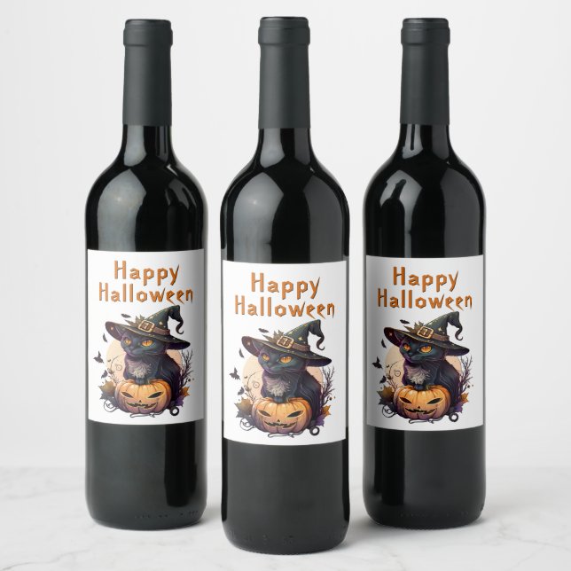Witch Cat for Happy Halloween  Wine Label (Bottles)