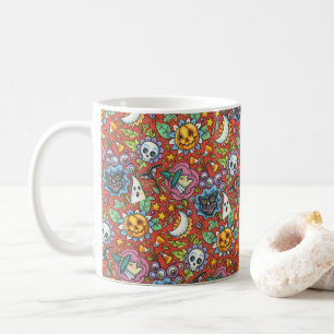 WITCH, CAT, GHOST, COLORFUL HALLOWEEN FOLK GARDEN COFFEE MUG