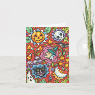 WITCH, CAT, GHOST, COLORFUL HALLOWEEN FOLK GARDEN HOLIDAY CARD