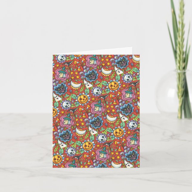 WITCH, CAT, GHOST, COLORFUL HALLOWEEN FOLK GARDEN HOLIDAY CARD (Front)