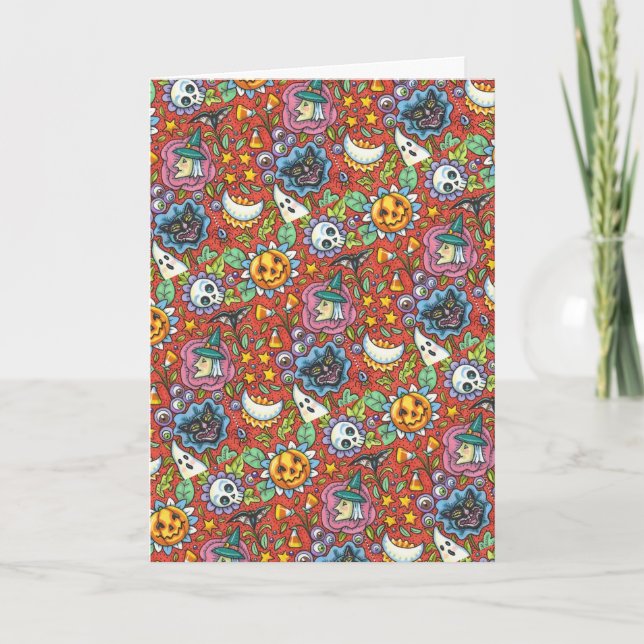 WITCH, CAT, GHOST, COLORFUL HALLOWEEN FOLK GARDEN HOLIDAY CARD (Front)