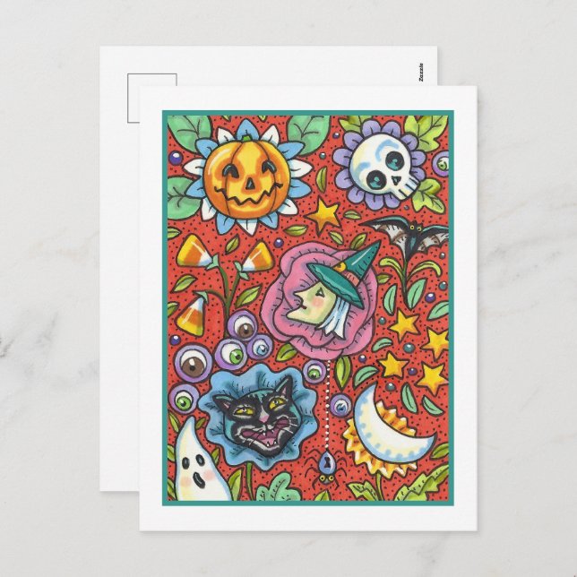WITCH, CAT, GHOST, COLORFUL HALLOWEEN FOLK GARDEN HOLIDAY POSTCARD (Front/Back)