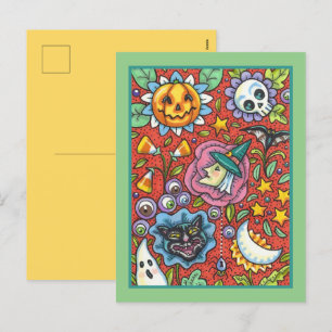 WITCH, CAT, GHOST, COLORFUL HALLOWEEN FOLK GARDEN HOLIDAY POSTCARD