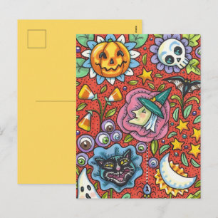 WITCH, CAT, GHOST, COLORFUL HALLOWEEN FOLK GARDEN HOLIDAY POSTCARD