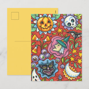 WITCH, CAT, GHOST, COLORFUL HALLOWEEN FOLK GARDEN HOLIDAY POSTCARD