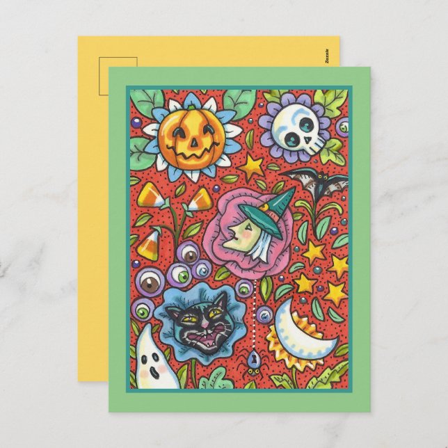 WITCH, CAT, GHOST, COLORFUL HALLOWEEN FOLK GARDEN HOLIDAY POSTCARD (Front/Back)