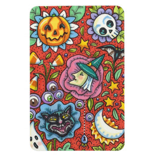 WITCH, CAT, GHOST, COLORFUL HALLOWEEN FOLK GARDEN MAGNET