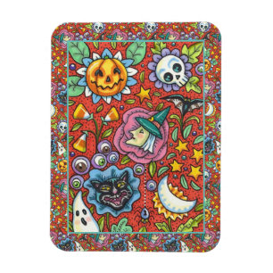 WITCH, CAT, GHOST, COLORFUL HALLOWEEN FOLK GARDEN MAGNET