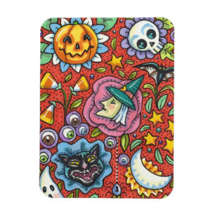 WITCH, CAT, GHOST, COLORFUL HALLOWEEN FOLK GARDEN MAGNET