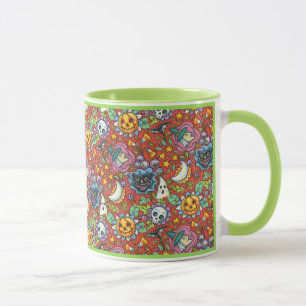 WITCH, CAT, GHOST, COLORFUL HALLOWEEN FOLK GARDEN MUG