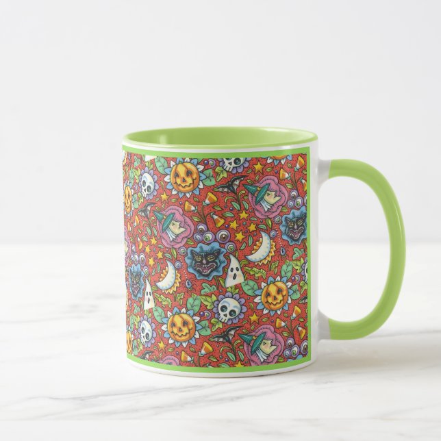 WITCH, CAT, GHOST, COLORFUL HALLOWEEN FOLK GARDEN MUG (Right)