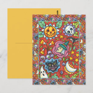 WITCH, CAT, GHOST, COLORFUL HALLOWEEN FOLK GARDEN POSTCARD