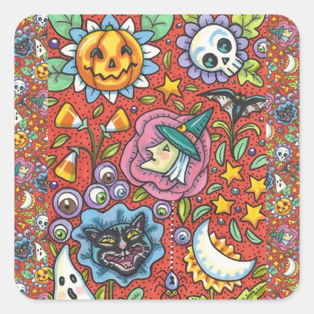 WITCH, CAT, GHOST, COLORFUL HALLOWEEN FOLK GARDEN SQUARE STICKER (Front)