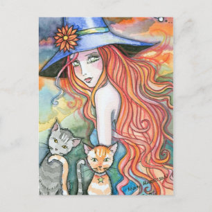 Witch Cat Halloween Art Postcard by Molly Harrison