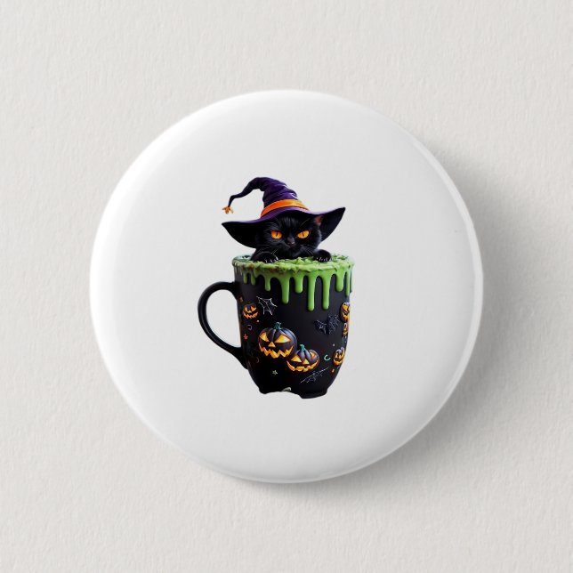 Witch Cat Halloween Coffee Mug � Cute Black Cat wi 6 Cm Round Badge (Front)