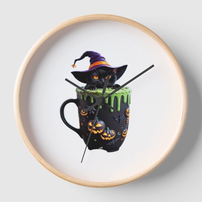 Witch Cat Halloween Coffee Mug – Cute Black Cat wi Clock (Front)
