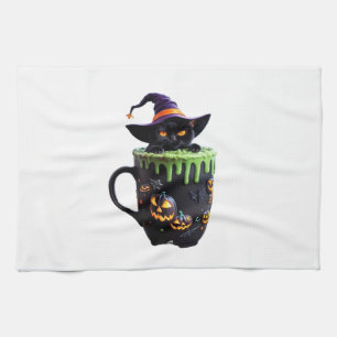 Witch Cat Halloween Coffee Mug – Cute Black Cat wi Tea Towel
