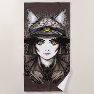Witch Cat Halloween Creepy Cute Portrait Beach Towel