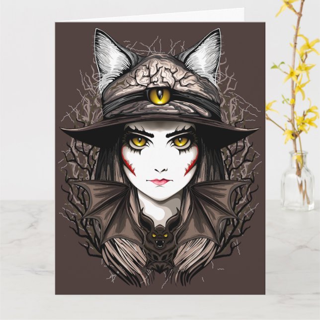 Witch Cat Halloween Creepy Cute Portrait Card (Yellow Flower)