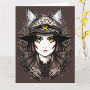 Witch Cat Halloween Creepy Cute Portrait Card