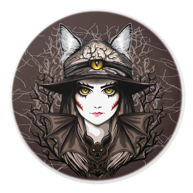 Witch Cat Halloween Creepy Cute Portrait Ceramic Knob (Front)