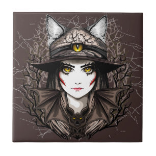 Witch Cat Halloween Creepy Cute Portrait Ceramic Tile