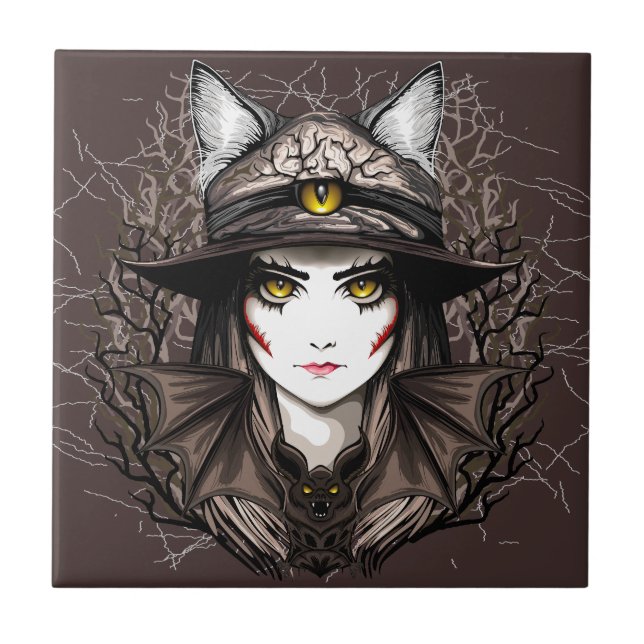 Witch Cat Halloween Creepy Cute Portrait Ceramic Tile (Front)