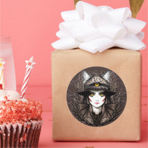 Witch Cat Halloween Creepy Cute Portrait Classic Round Sticker