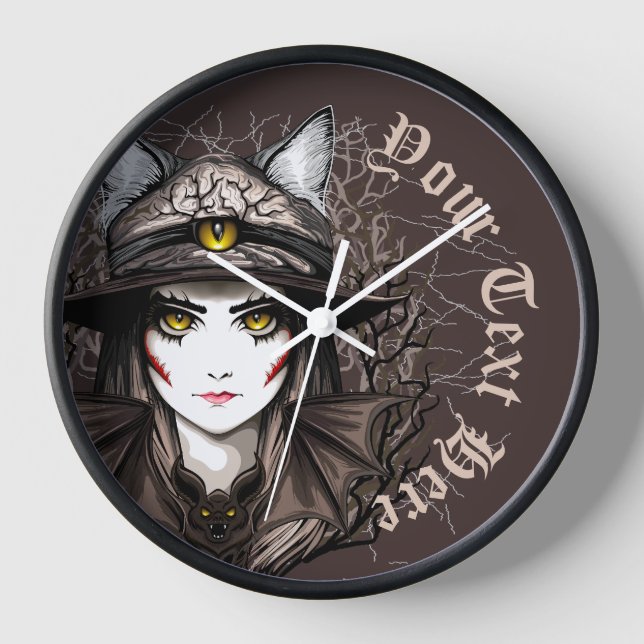 Witch Cat Halloween Creepy Cute Portrait Clock (Front)