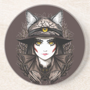 Witch Cat Halloween Creepy Cute Portrait Coaster