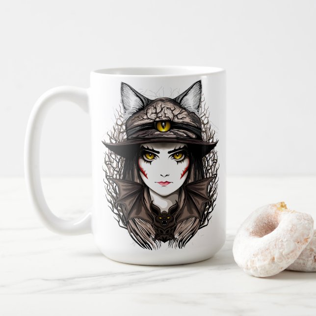 Witch Cat Halloween Creepy Cute Portrait Coffee Mug (With Donut)