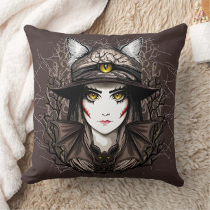Witch Cat Halloween Creepy Cute Portrait Cushion
