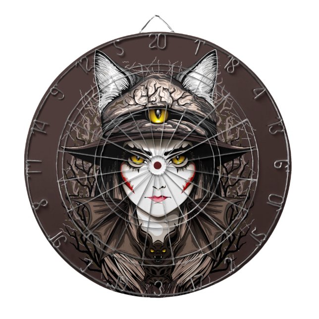 Witch Cat Halloween Creepy Cute Portrait Dartboard (Front)