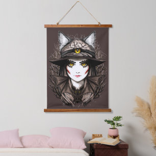 Witch Cat Halloween Creepy Cute Portrait Hanging Tapestry