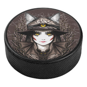 Witch Cat Halloween Creepy Cute Portrait Hockey Puck