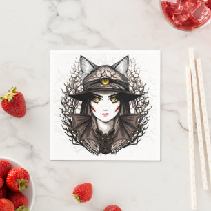 Witch Cat Halloween Creepy Cute Portrait Napkin