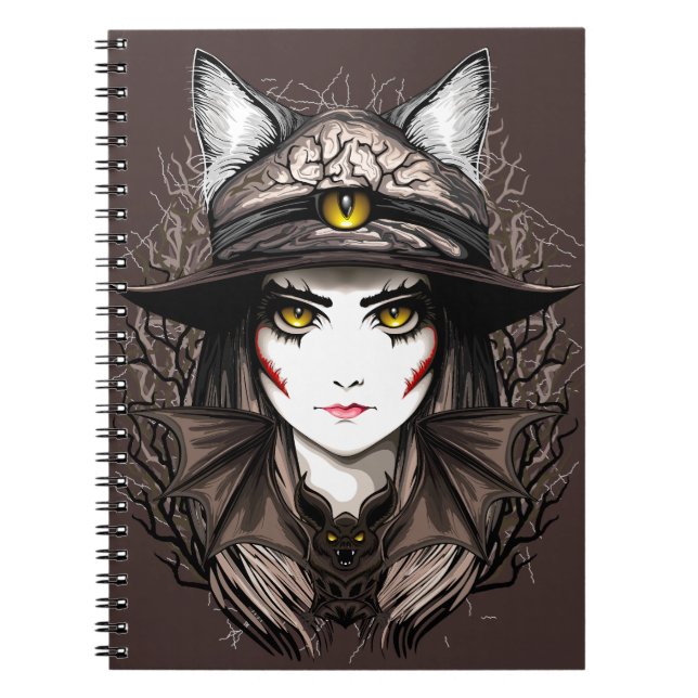 Witch Cat Halloween Creepy Cute Portrait Notebook (Front)