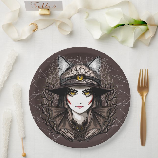 Witch Cat Halloween Creepy Cute Portrait Paper Plate (Wedding)