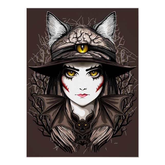 Witch Cat Halloween Creepy Cute Portrait Poster (Front)
