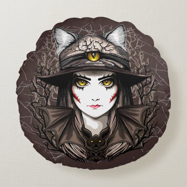 Witch Cat Halloween Creepy Cute Portrait Round Cushion (Front)