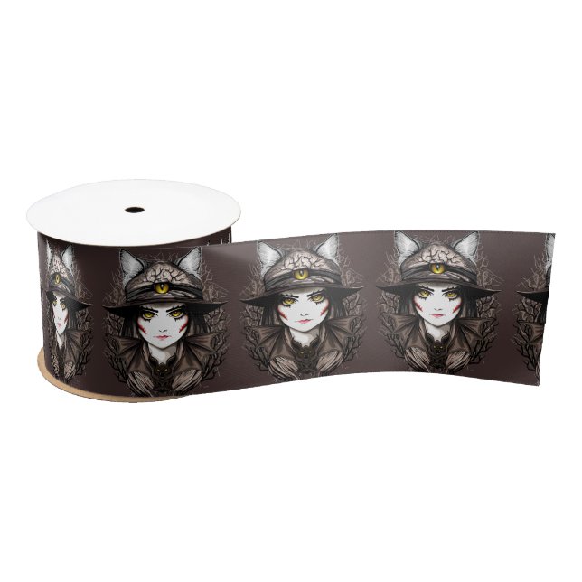 Witch Cat Halloween Creepy Cute Portrait Satin Ribbon (Spool)