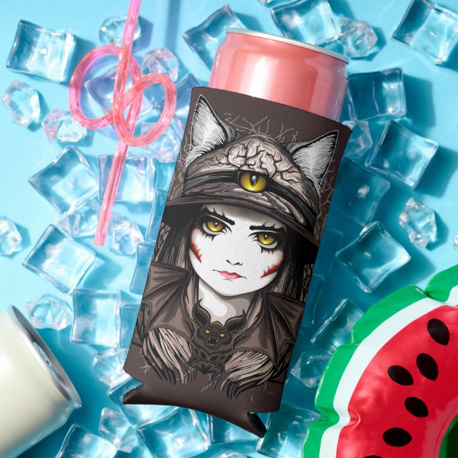 Witch Cat Halloween Creepy Cute Portrait Seltzer Can Cooler (In Situ Summer)