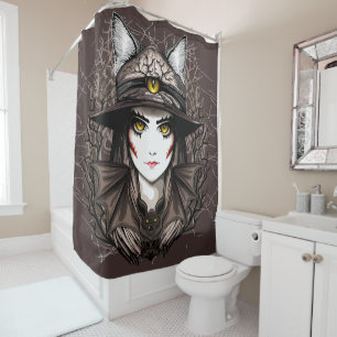 Witch Cat Halloween Creepy Cute Portrait Shower Curtain
