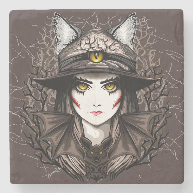 Witch Cat Halloween Creepy Cute Portrait Stone Coaster (Front)