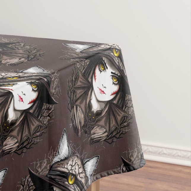 Witch Cat Halloween Creepy Cute Portrait Tablecloth (In Situ)