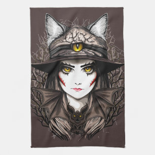 Witch Cat Halloween Creepy Cute Portrait Tea Towel