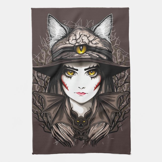 Witch Cat Halloween Creepy Cute Portrait Tea Towel (Vertical)
